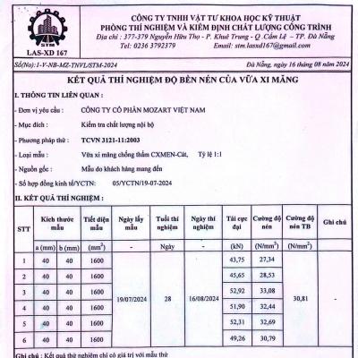 KẾT QUẢ THÍ NGHIỆM ĐỘ BỀN NÉN CỦA VỮA XI MĂNG